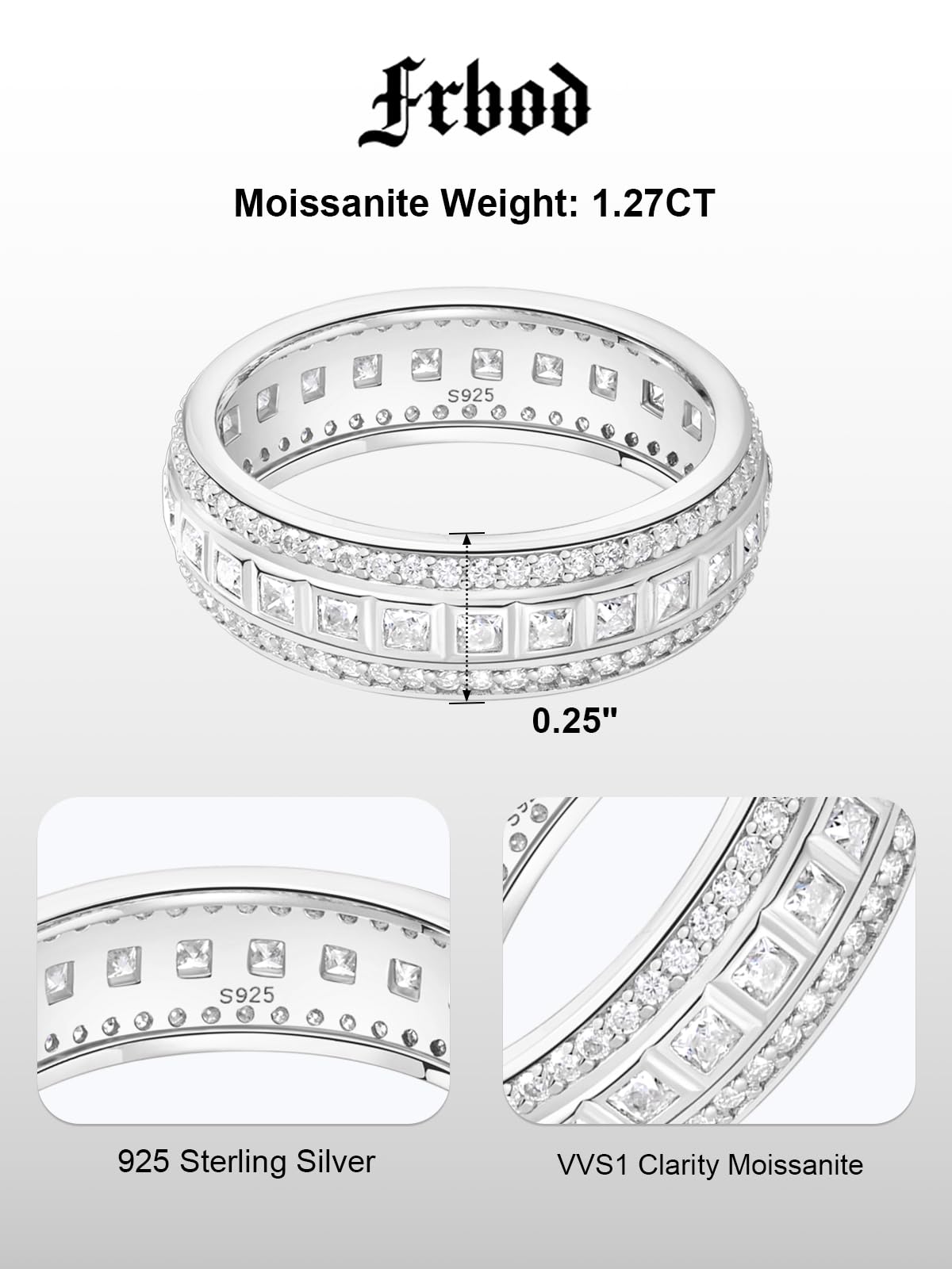 Frbod Women's Princess Cut Diamond Ring for Men Wide Eternity Wedding Band Rings Sparkly Moissanite Jewelry Size 9