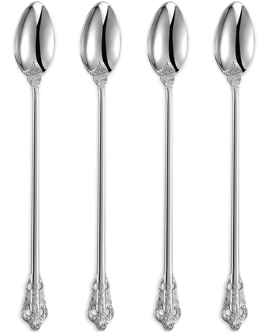 KEAWELL Luxurious 9 Inch Long Iced Tea Spoon Set - 4 Pieces - Gorgeous Design with Exceptional Mirror Polished Finish - 18/10 Stainless Steel- Perfect for Tall Glasses, Cocktails (Silver)