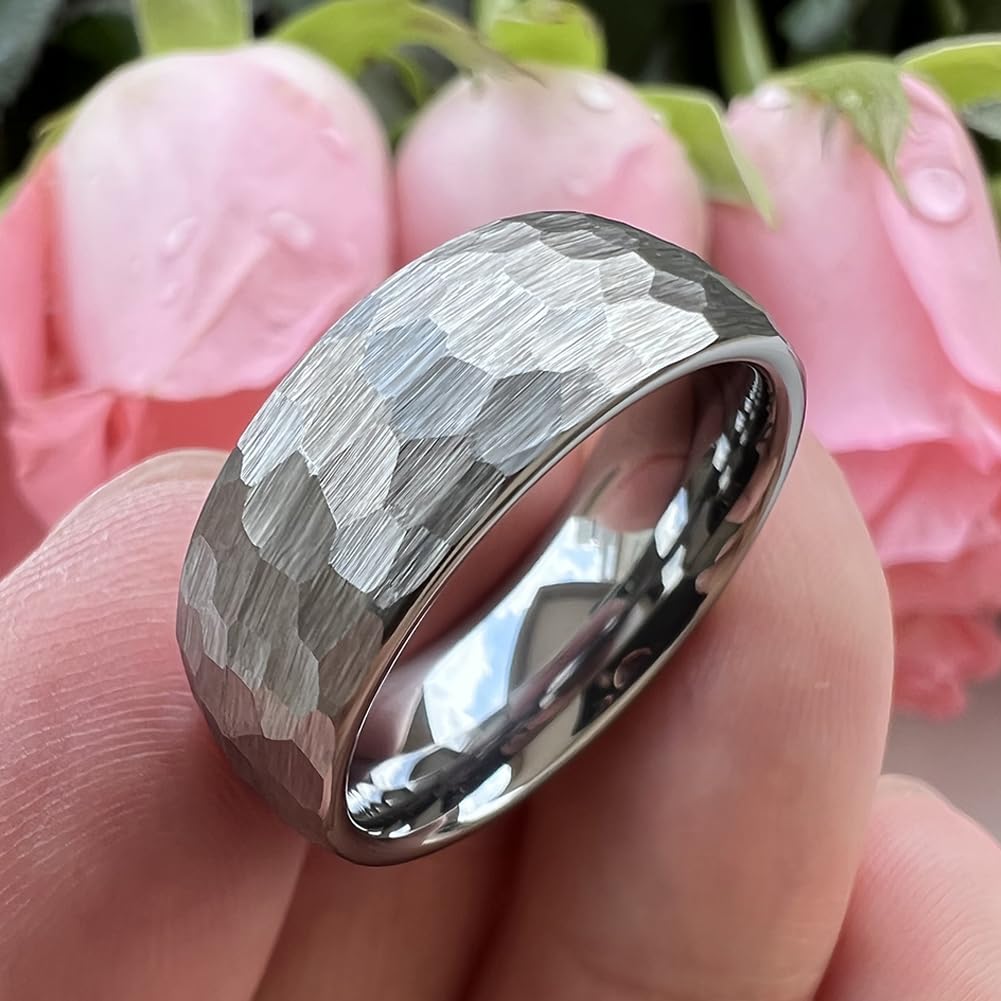 TUTISS 8mm Hammered Tungsten Rings for Men Women Fashion Engagement Wedding Bands Domed Matte Finish Comfort Fit Size 9