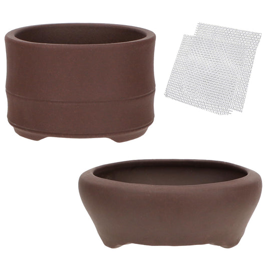 Bonsai Planter 2 pc 3.0" + 3.7" Unglazed Round Ceramic Succulent Pots Set