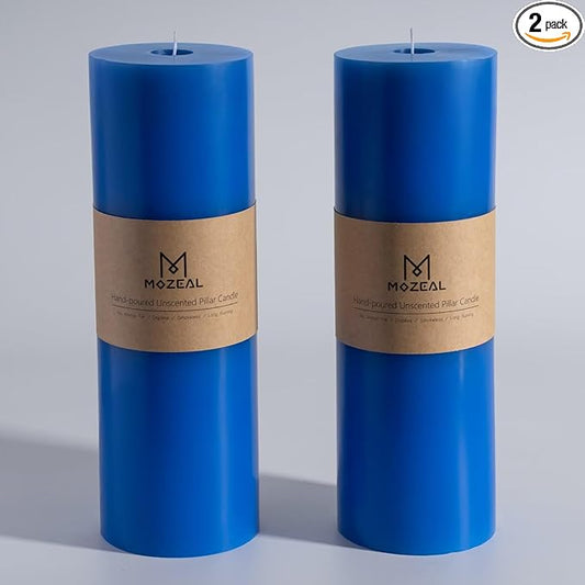 MOZEAL 4" x 12" Extra-Large Blue Pillar Candles (Set of 2), Unscented,Dripless, Smokeless,Long Clean-Burning,These Tall 12 inch Large Blue Pillar Candles Perfect for Weddings and Christmas Decor