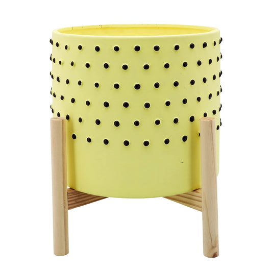 Ceramic Planter with Wooden Stand – Indoor or Outdoor Plant Stand for Living Room or Patio – Dotted Contemporary Design for Home Decor – Planter for Stylish Spaces – 10", Yellow & Black