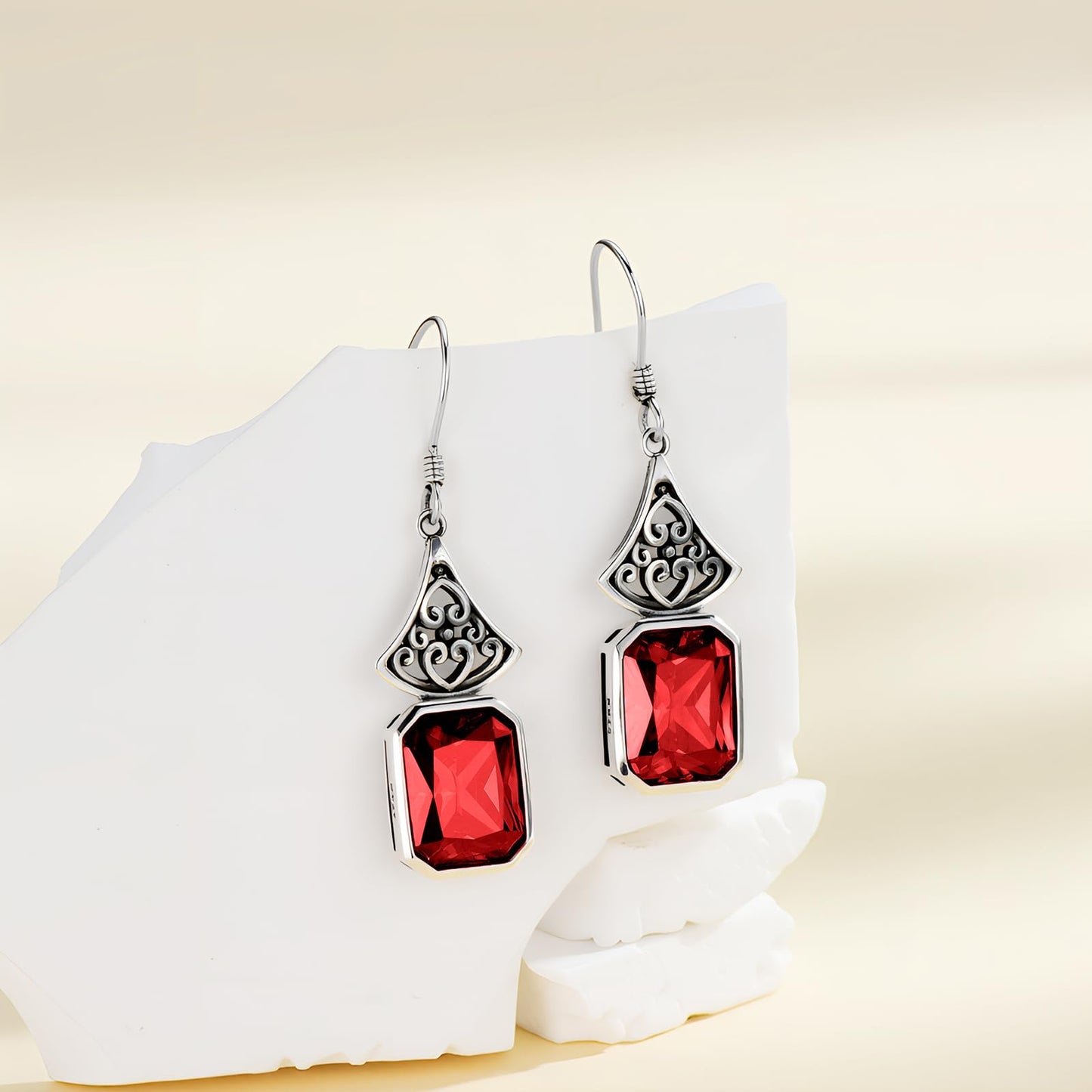 Vintage Earrings 925 Sterling Silver Oxidized Dangle Drop Earrings with Emerald Cut Red Garnet January Birthstone Anniversary Jewelry Gifts for Women