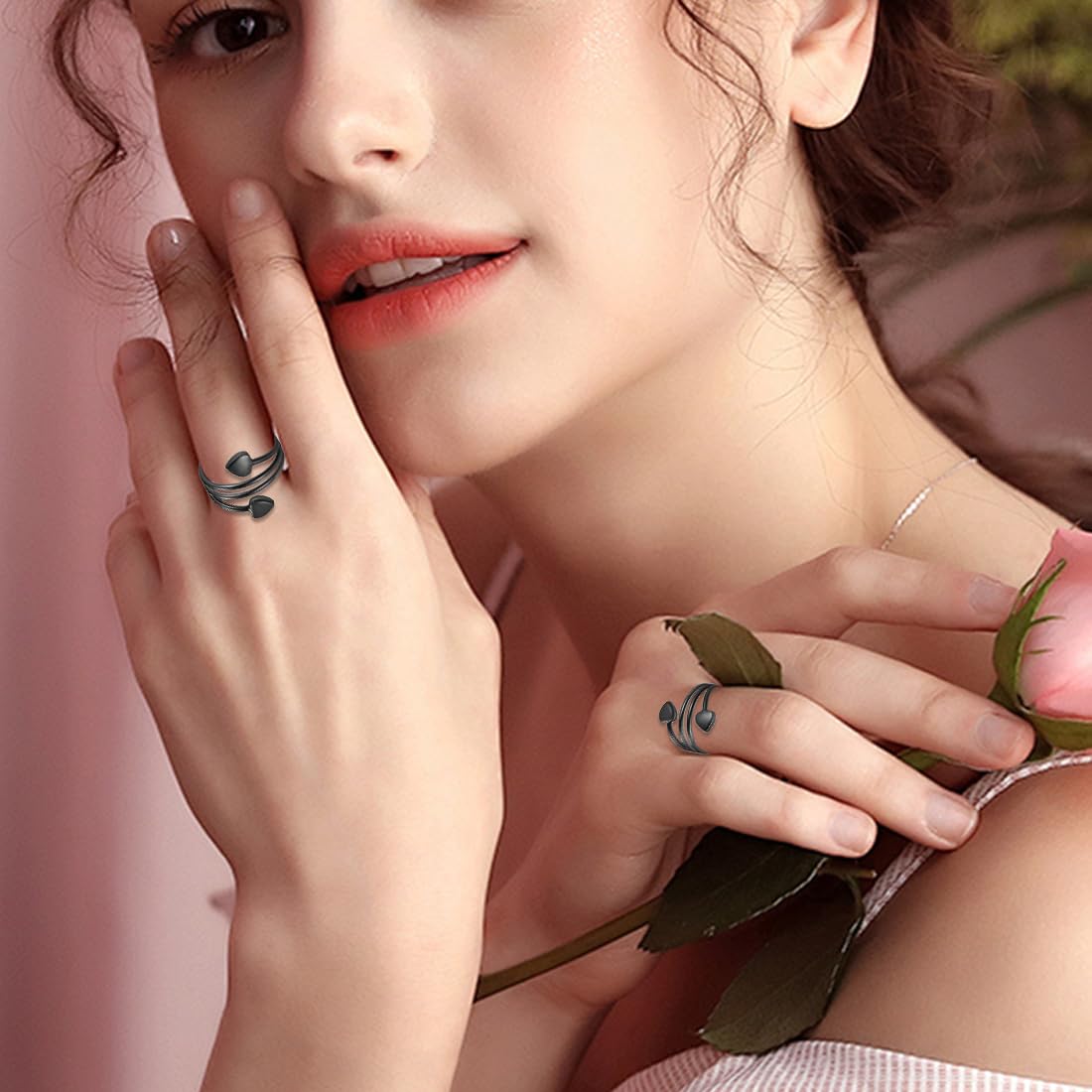Vicmag Copper Magnetic Ring for Women Ring Ladies Fingers Thumb 99.9% Solid Pure Copper Gift 2PCS Adjustable (Black Heart)