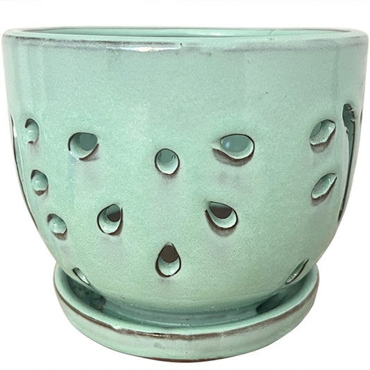 Beitewei Orchid Pots with Holes Round Ceramic Flower Container Succulent Plant Planter Butterfly Pot Saucer Windowsill Contemporary Home Decoration (6 Inch, Light Green)