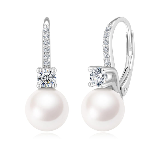 BAMIKI Pearl Drop Dangle Earrings 925 Sterling Silver Cubic Zirconia Leverback Earrings, 8MM Round Freshwater Cultured Pearls Jewelry Gifts for Women Wife Mother