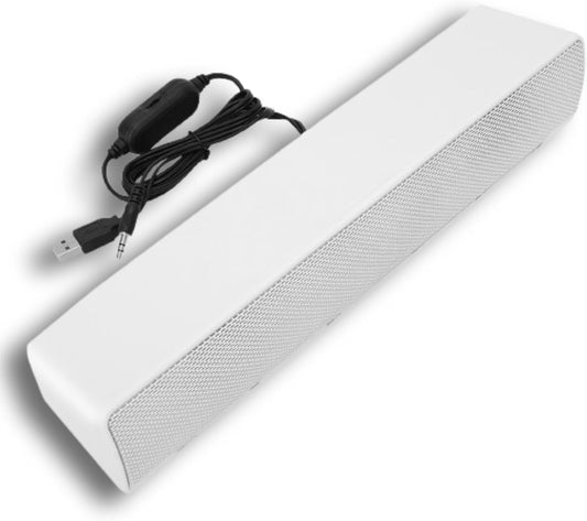 Beufee V-196 3.5mm 2.0 Computer Sound Bar, White USB Powered Input Channel Stereo Soundbar with Volume Knob and Blue