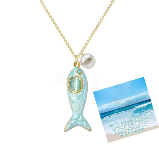 Boho Fish Charms Necklace for Women, Colorful Enamel Cats Eye Summer Sea Ocean Hawaiian Dainty Lucky Fish Pearl Pendant Necklaces Minimalist Surfer Jewelry for Her (Blue-Cats Eye)