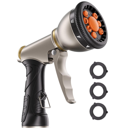 Besiter Garden Nozzle Sprayer, High Pressure Metal Water Hose Sprayer with 9 Watering Patterns, Heavy Duty Sprayer for Washing Cars, Watering Plants, Cleaning Yard & Showering Pets (Orange)