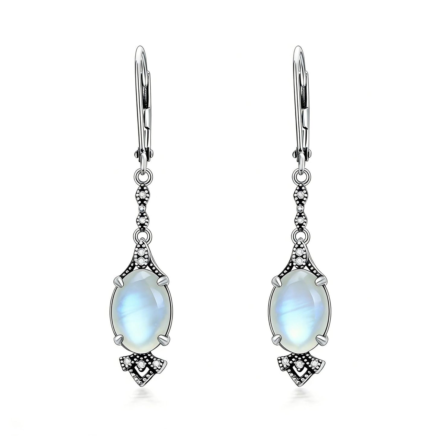 Moonstone Earrings 925 Sterling Silver Vintage Retro Antique Looking Leverback Dangle Drop Earrings Anniversary Jewelry Gifts for Women
