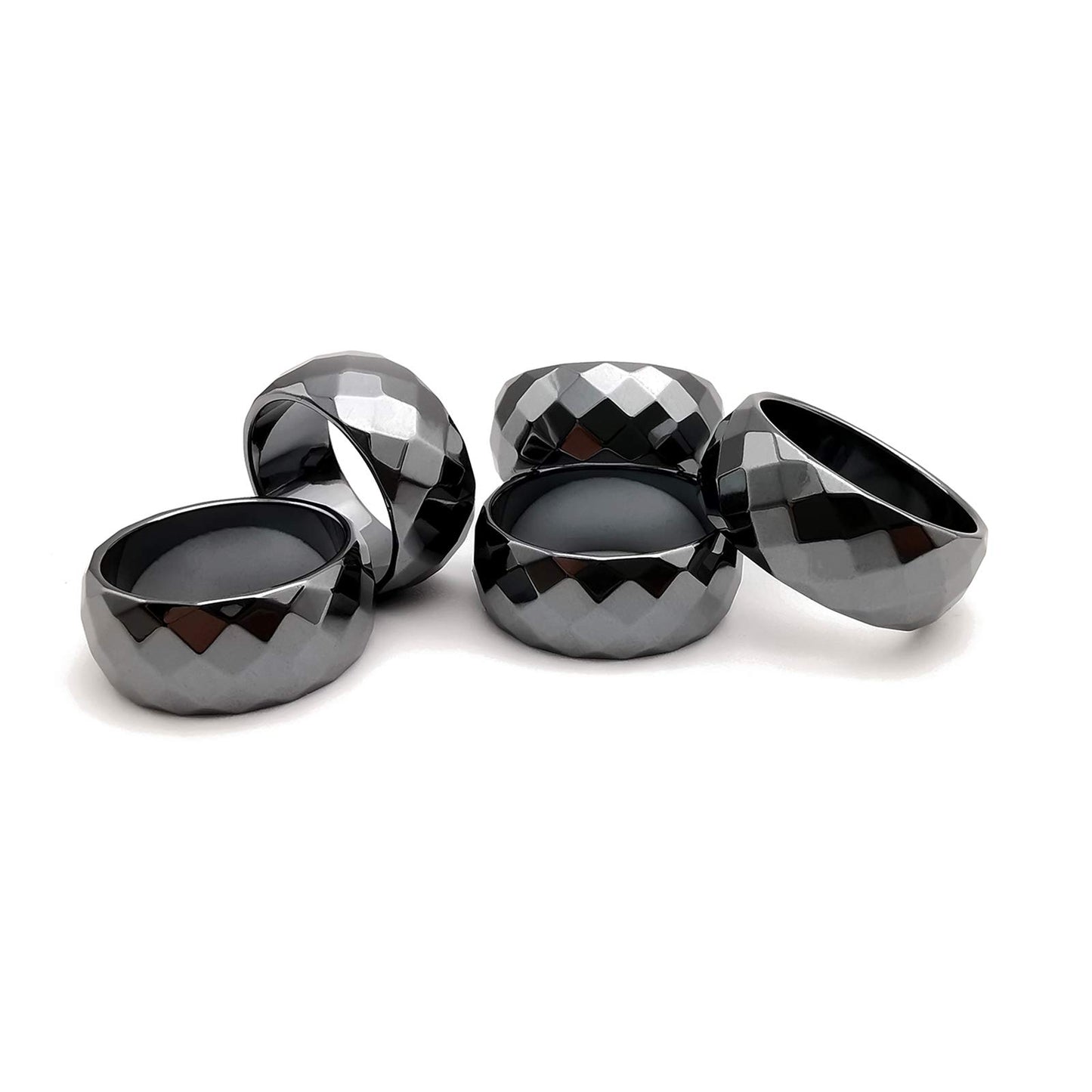 Morchic 5Pcs Pack Hematite Stone Rings for Women & Men, Unisex Faceted Set (10mm Width) - Mixed Sizes 8-12, Chakra Balancing, Polished Gemstone, Gift Ready