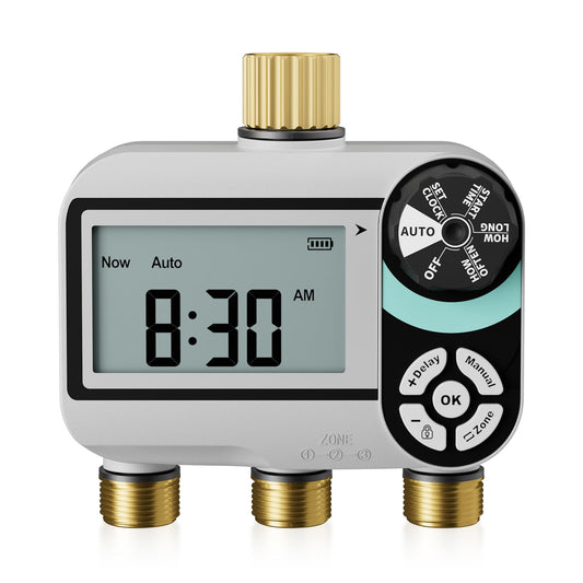 QUOBAS Brass Sprinkler Timer for Garden Hose, Programmable Water Timer for Hose Faucet with Child Lock, Rain Delay/Auto/Manual 3 Modes, Large Waterproof Screen, 3 Zone Independent Watering