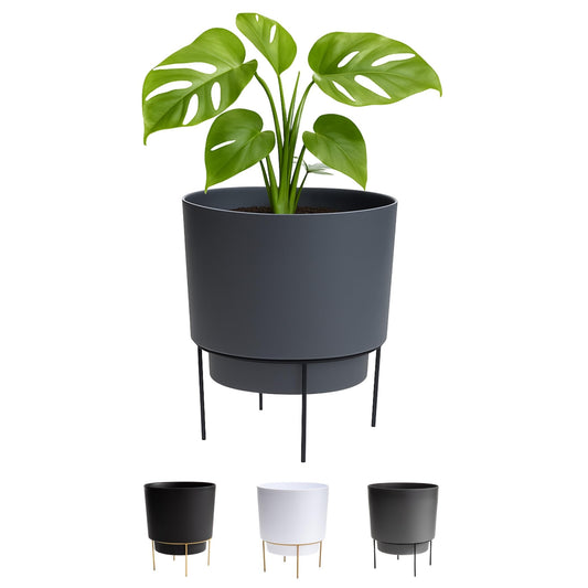 Bloem Hopson 10" Plastic Cachepot with Metal Stand - Decorative Indoor Planter with Black Metal Stand, Charcoal