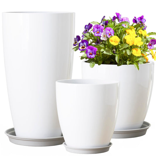 Tall Round Plant Pots with Drainage Holes & Saucer Plastic Decoration Planters for Indoor & Outdoor Garden Home Plants,White Flower Pots 3 Pack 11"/12"/21" H