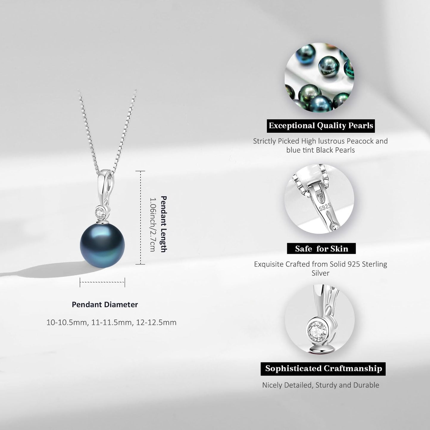 YAMI Black Tahitian Pearl Necklace and Earrings Set, Saltwater Cultured Pearl, 925 Sterling Silver Necklace, Elegant and Luxurious Jewelry Gift for Women for Anniversaries, Birthdays, and Mother's Day