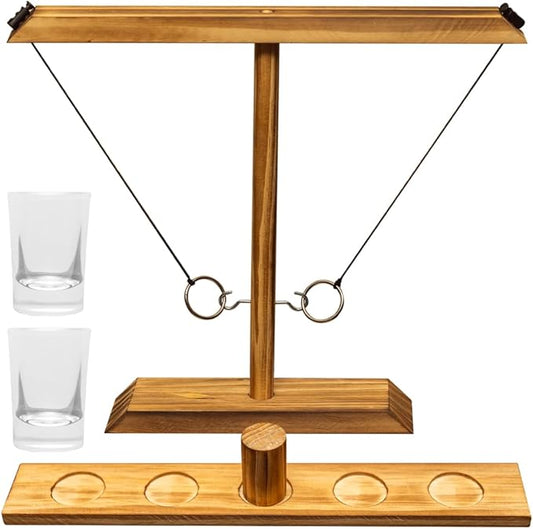 Premium Wooden Swing Ring Hook Game Set with Shot Glasses – Indoor/Outdoor Fun for Adults, Kids, and Family Parties