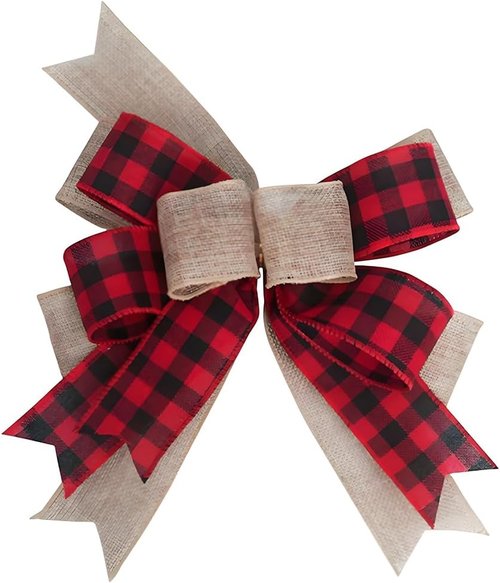CREATCABIN Christmas Plaid Bow - 9.8 x 8.5 Inch Burlap Ornament for Wreaths, Garlands & Holiday Decor