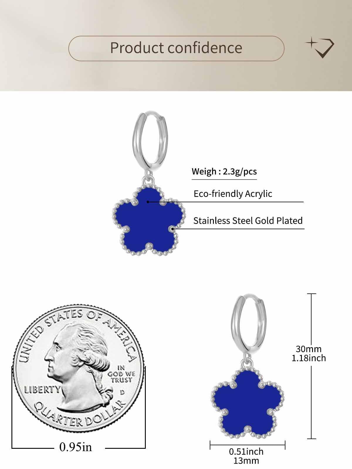 Gold Plated Five Leaf Clover Dangle Earrings for Women Lucky Flower Jewelry (Royal Blue-White Gold Plated)