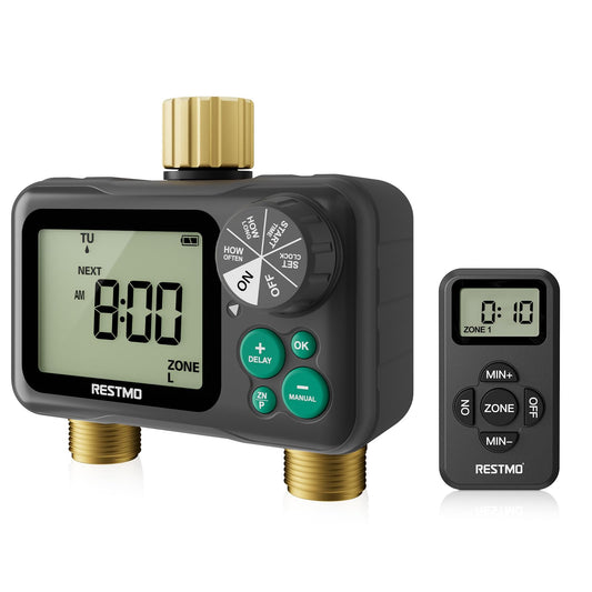 RESTMO Remote Control Brass Sprinkler Timer for Outdoor Hose Faucet 2 Zone, Max 11h59m Water Timer for Long Watering Soaker Hose, Misting with Large Dial, Rain Delay/Manual/Auto for Drip Irrigation