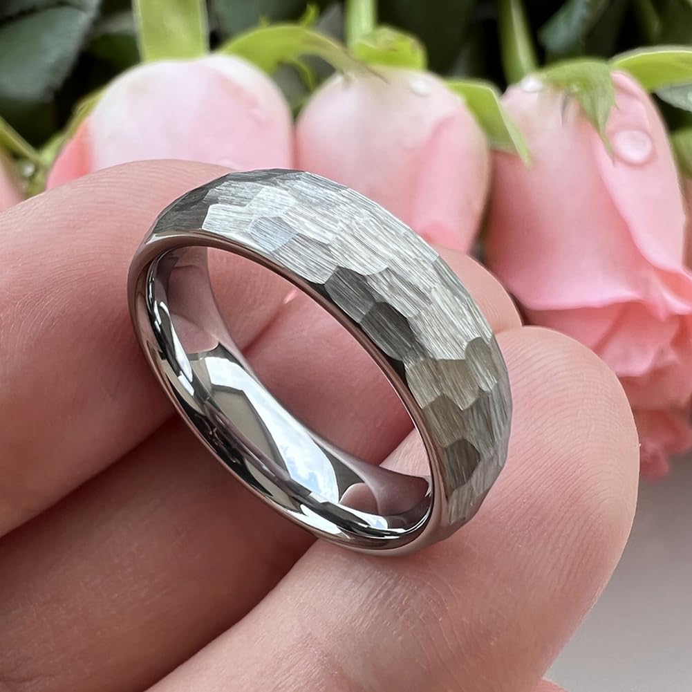 TUTISS 6mm Hammered Tungsten Rings for Men Women Fashion Engagement Wedding Bands Domed Matte Finish Comfort Fit Size 8