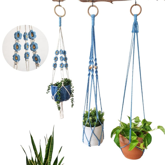 Set of 3 Macrame plant hangers with Daisies & Beads Hanging plant holder Macrame Plant hangers outdoor and indoor hanging planters Plant stand indoor Boho Decor hanging planter stand (Cloudy Day)