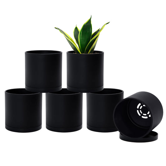 D'vine Dev 6 Pack 4.5 Inch Modern Plastic Plant Pots, Small Garden Planters for Plant with Drainage Holes and Saucers, Black Color, 74-Y-F-3