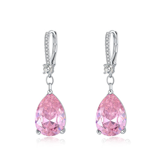 BAMIKI Sterling Silver Teardrop Leverback Dangle Earrings for Women Hypoallergenic, 10×14mm Pear Birthstone Pink Cubic Zircon Drop Earrings Trendy Jewelry Gifts for Wife Daughter Mother