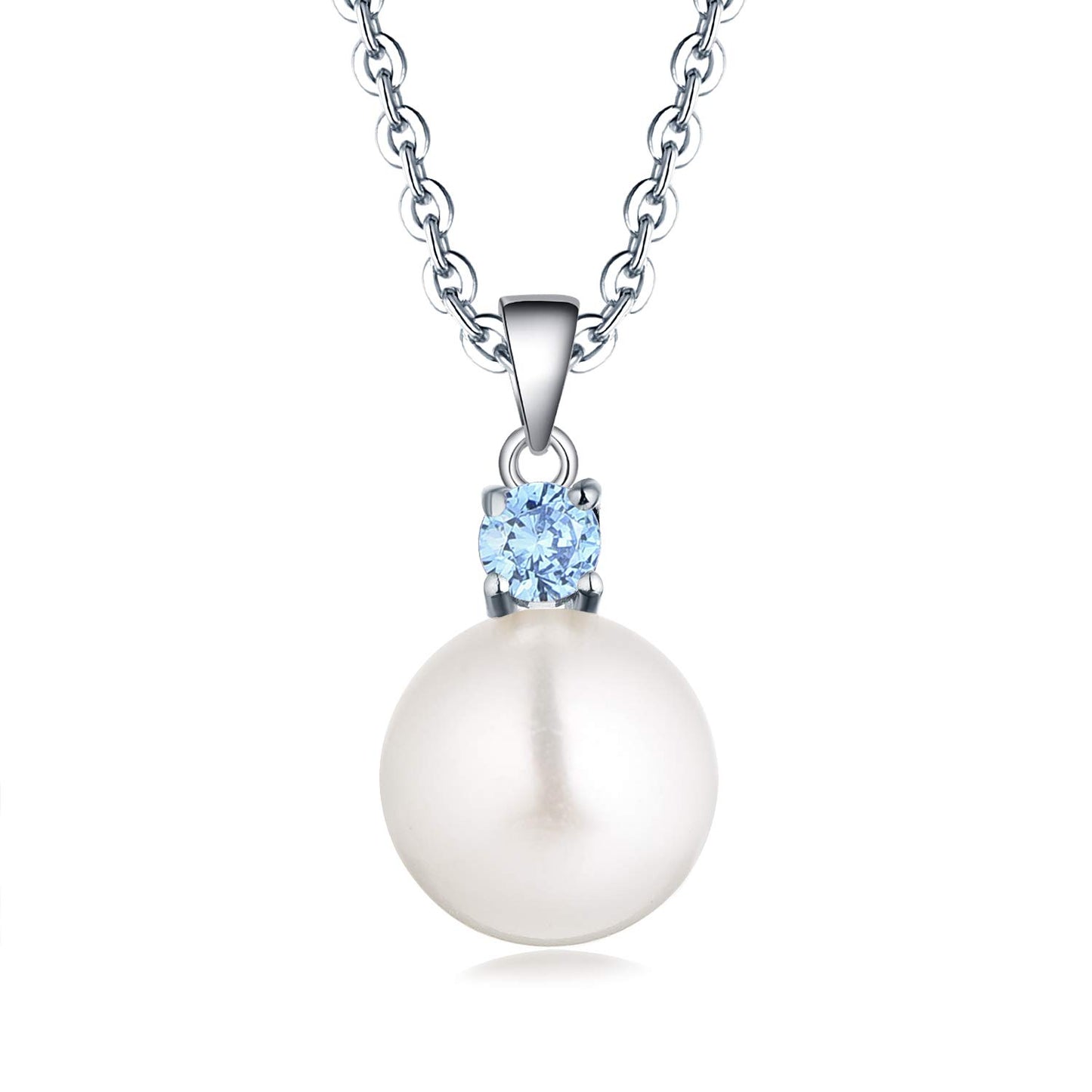 JO WISDOM Women Necklace,925 Sterling Silver Cubic Zirconia 10mm White Freshwater Pearl Pendant Necklace,March Birthstone Aquamarine Color