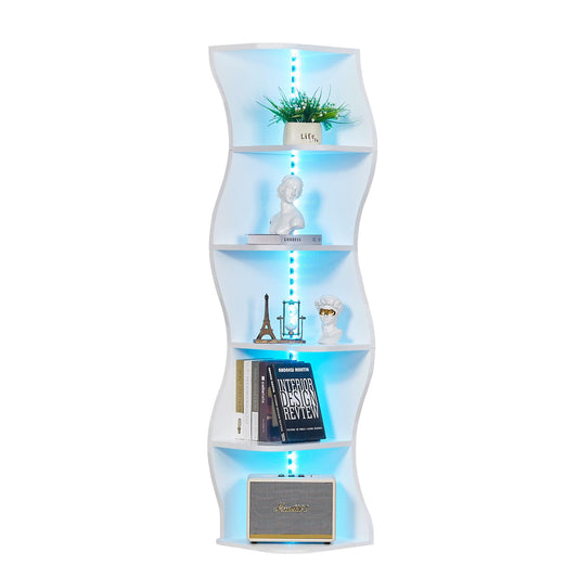VECELO 6-Tier Wave Corner Bookcase with LED Lights, 90° Right-Angle Tall Narrow Bookshelf, Wooden Corner Display Stand Storage Shelf for Small Spaces, Living Room, Bedroom, Home Office (White)