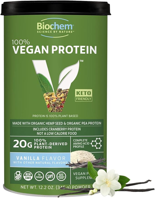 Biochem Vegan Protein Powder ??20g Plant-Based Protein for Muscle Support ??Organic Pea, Hemp & Cranberry Protein ??Low Carb, Low Fat, Gluten-Free, Non-GMO, Keto-Friendly ??Vanilla Flavor ??12.2 oz