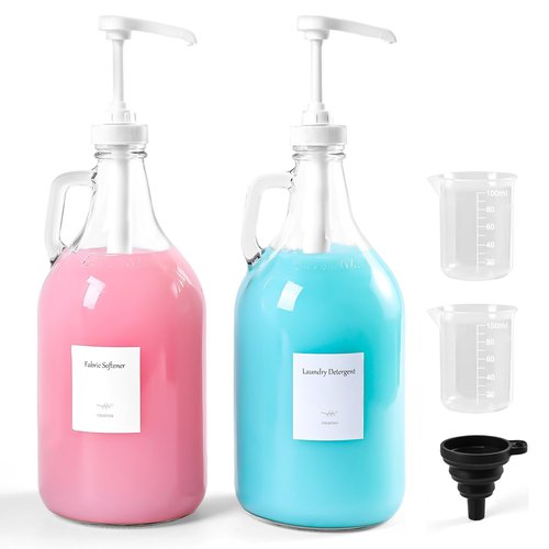 64 OZ Laundry Detergent Dispenser BY VEGEVIGI, Glass Liquid Laundry Soap Dispenser with Pump, Bleach and Fabric Softener Dispenser for Laundry Room, 2P