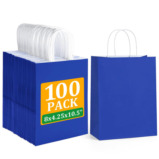 BagDream Royal Blue Gift Bags Medium Size 8x4.25x10.5 Kraft Blue Paper Bags with Handles Bulk 100Pcs for Wedding, Party Favors, Business, Retail, Grocery Paper Gift Sacks