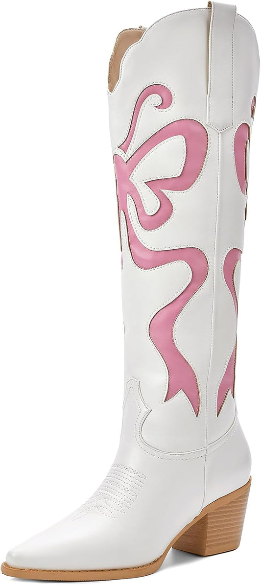 Skiennix Cowgirl Boots - Stylish Women's Knee-High Cowboy Boots with Colorful Bow Embroidery | White, Pointed Toe, Chunky Heel