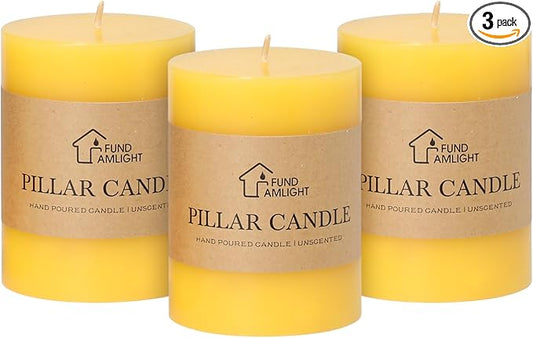 3x4 Inch Yellow Pillar Candles Set of 3 - Decorative Unscented Pillar Candle, Long Burning Dripless Candle for Table Decor, Smokeless Large Pillar Candles for Wedding Table Decor