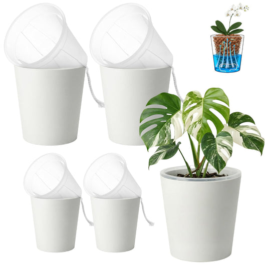 TineDew 4 Pack of 7in and 5in Double-Layer Self-Watering Pot with Clear Nursery Pot - Indoor Planter with Drainage for Root Visibility,semi Hydro pots for repotting Orchids,Aroid or Monstera,White