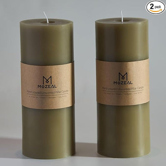 MOZEAL 4" x 10" Extra-Large Sage Pillar Candles (Set of 2), Unscented, Dripless, Smokeless, Long Clean-Burning, Tall 10 inch Large Sage Pillar Candles Perfect for Spring Weddings and Easter Decor