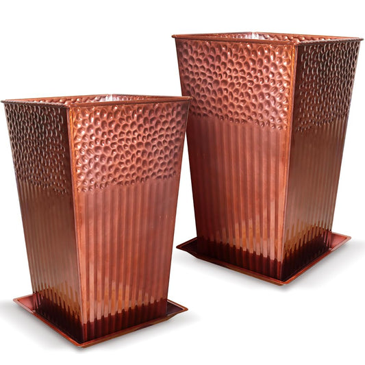 Megawodar 2 Pcs Pack Metal Tall Tapered Planter Pots Steel Large Square Planter Flower Pot with Drainage Holes for Indoor Outdoor Deck Porch Garden Home Patio Front Door (Glossy Copper, 28" H.)