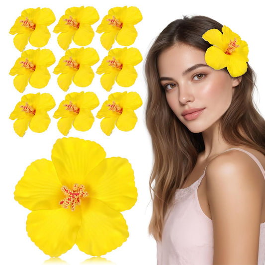 10pcs Yellow Hibiscus Flowers Artificial Flower Heads, 4 Inch Lifelike Foam Hibiscus for Hawaiian Luau Party, Soft EVA Faux Floral Heads for Tropical Wedding DIY, Photography Props Home Decor