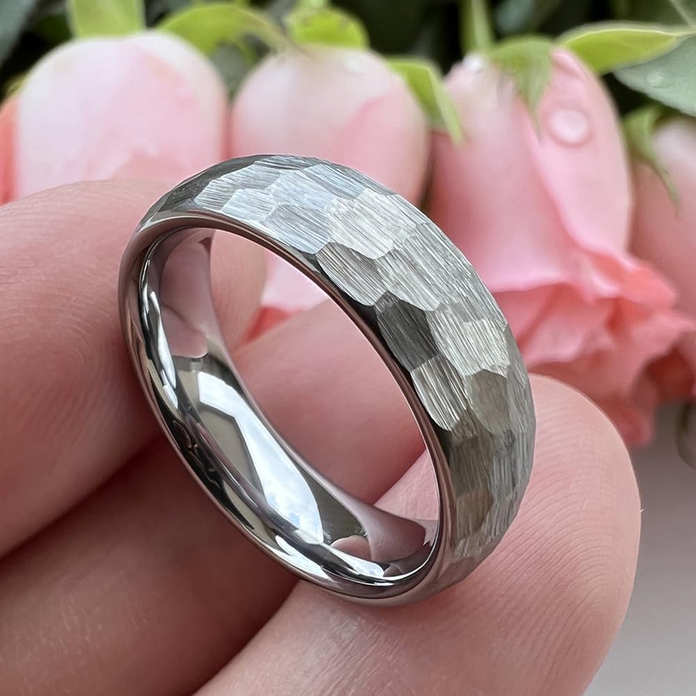 TUTISS 6mm Hammered Tungsten Rings for Men Women Fashion Engagement Wedding Bands Domed Matte Finish Comfort Fit Size 9