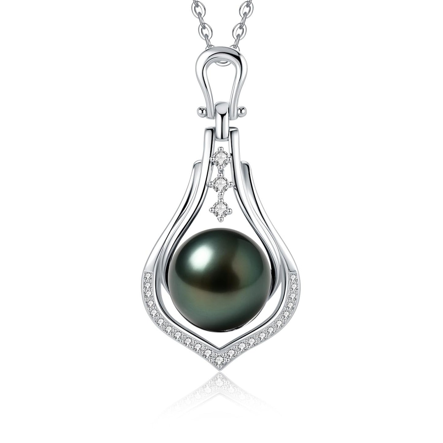 Genuine Tahitian Black Pearl Necklace 10-11mm - Christmas Gift for Women Wife, Mom, daughter, Jewelry Gifts for Wedding Anniversary Birthday, Seawater Pearl with Sterling Silver Moissanite Pendant