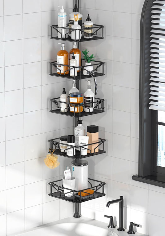 Skycarper 5-Tier Adjustable Corner Shower Caddy - Rustproof Tension Pole, 62-116 Inch, Black