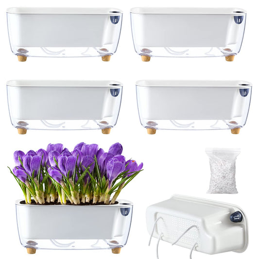 5 Pack Rectangular Planter 11.8 x 4.6 in Self Watering Planter Window Sill Planters Indoor Rectangle Planter Self Watering Pots Plastic Plant pots for African Violet Flower Orchid (Clear, 5)