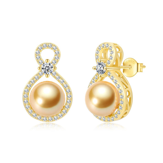 BAMIKI Golden Pearl Earrings for Women, S925 Sterling Silver 14K Gold Plated Infinity Stud Earrings, 8-8.5mm Round Saltwater Cultured Pearls, Hypoallergenicity Jewelry Gifts for Mother Wife Bridal