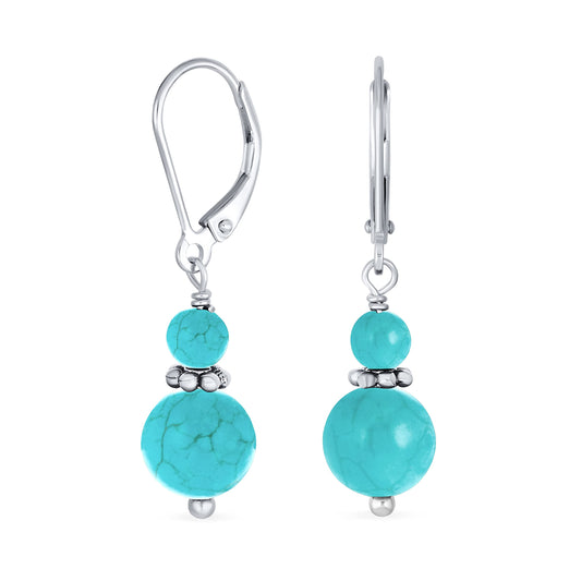 Bling Jewelry Bali Style .925 Sterling Silver Blue Turquoise Bead 3MM & 8mm Balls Drop Earrings Milgrain Rondel Separator Lever Back Genuine Gemstone