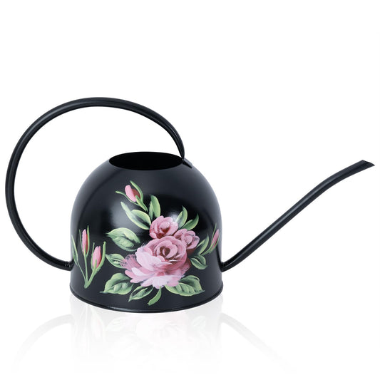 MOYEE Small Black Metal Long Spout Watering Can Outdoor Indoor Spray Bottle for Plants Hand Drawn Patterns,1/2 Gallon Plant Mister Durable Metal Structure Lawn Garden Watering Equipment