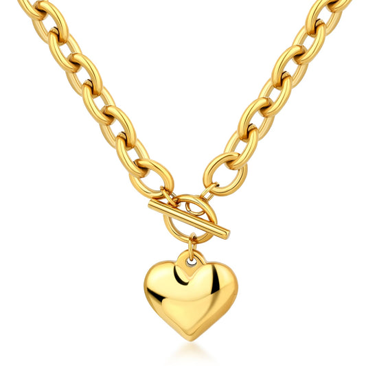 BONJOULRY Chunky Gold Heart Necklace for Women, 18K Waterproof Heart Necklace Statement Necklace Gold Charm Necklace Chunky Jewelry Valentine's Day Gift for Women (OT Chunky Chain Heart)