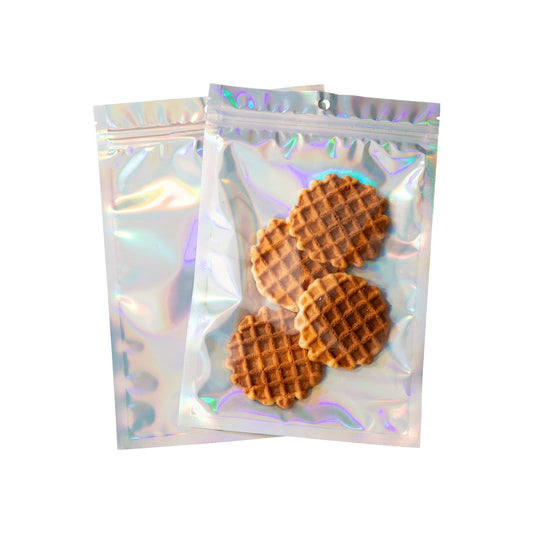100Pcs Holographic Packaging Bags, 5.9x8.6 inch Resealable Foil Pouch Mylar Sample Bag Great for Small Business and Party