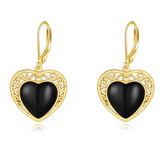 Black Onyx Drop Earrings for Women Sterling Silver 18K Yellow Gold Plated Heart Black Onyx Dangle Leverback Earrings Jewelry Gifts