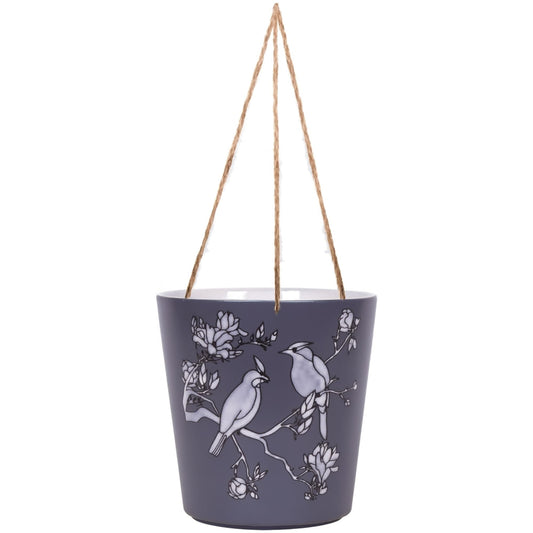 Blue Sky Clayworks 6.5" Hanging Bird Blue Planter, Ceramic, 7" x 6" x 5", Slate Night, Perching Pair & Blooms