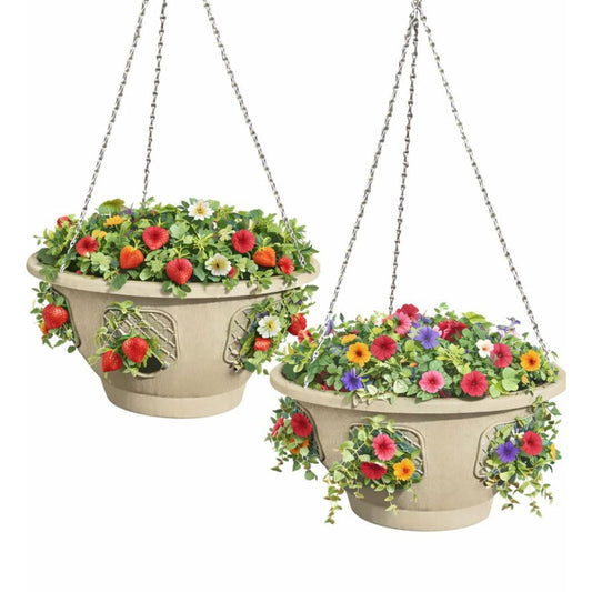 smart spring Ultimate Hanging Basket Strawberry & Flower Planter – 6 Side Planting Spaces, Drainage Hole, 1” Water Reservoir, Zinc-Plated Chain Included, Made in the USA (Desert Sand)